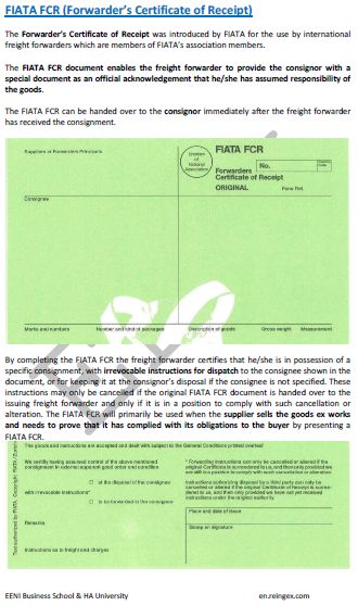 Forwarders Certificate of Receipt (FIATA FCR), Course