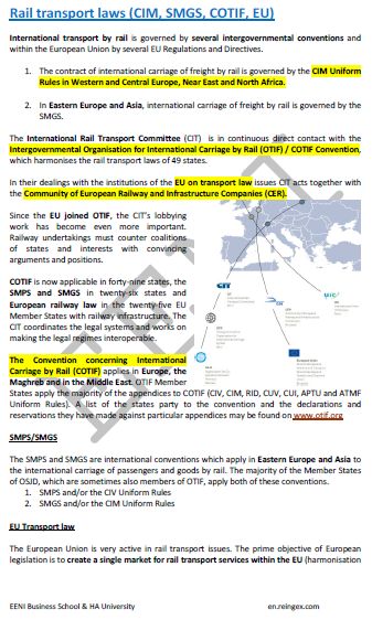 International Rail Transport Law. Uniform Rules concerning the Contract of International Carriage of Goods by Rail (CIM)
