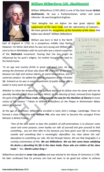 William Wilberforce (British Abolitionist) struggle against slavery