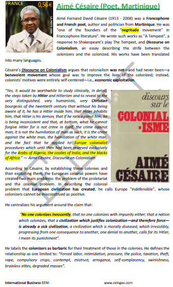 Aimé Césaire (poète martiniquais) « Personne ne colonise inoffensivement, ces civilisations qui justifient la colonisation sont des civilisations malades »