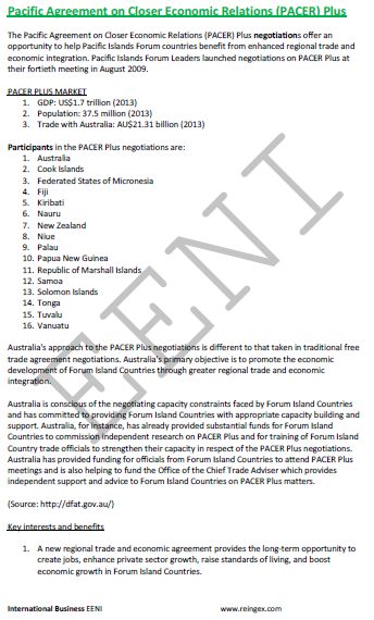 Pacific Agreement on Closer Economic Relations (PACER) Australia, New Zealand, Papua...